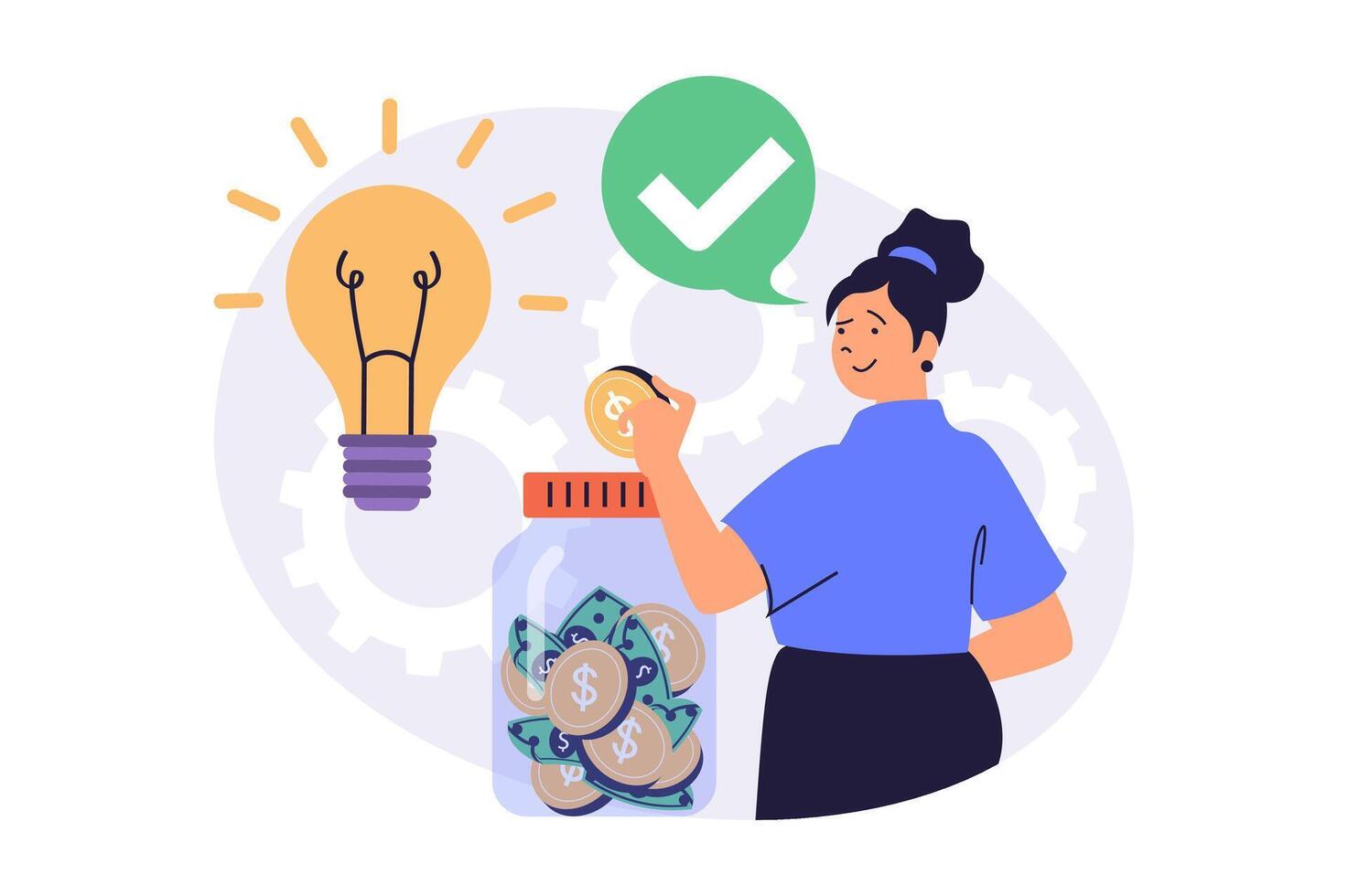 Saving money web concept with flat cartoon people for website design. Woman putting coins and cash in glass jar, managing personal finance, creating ideas for getting profit. illustration. vector