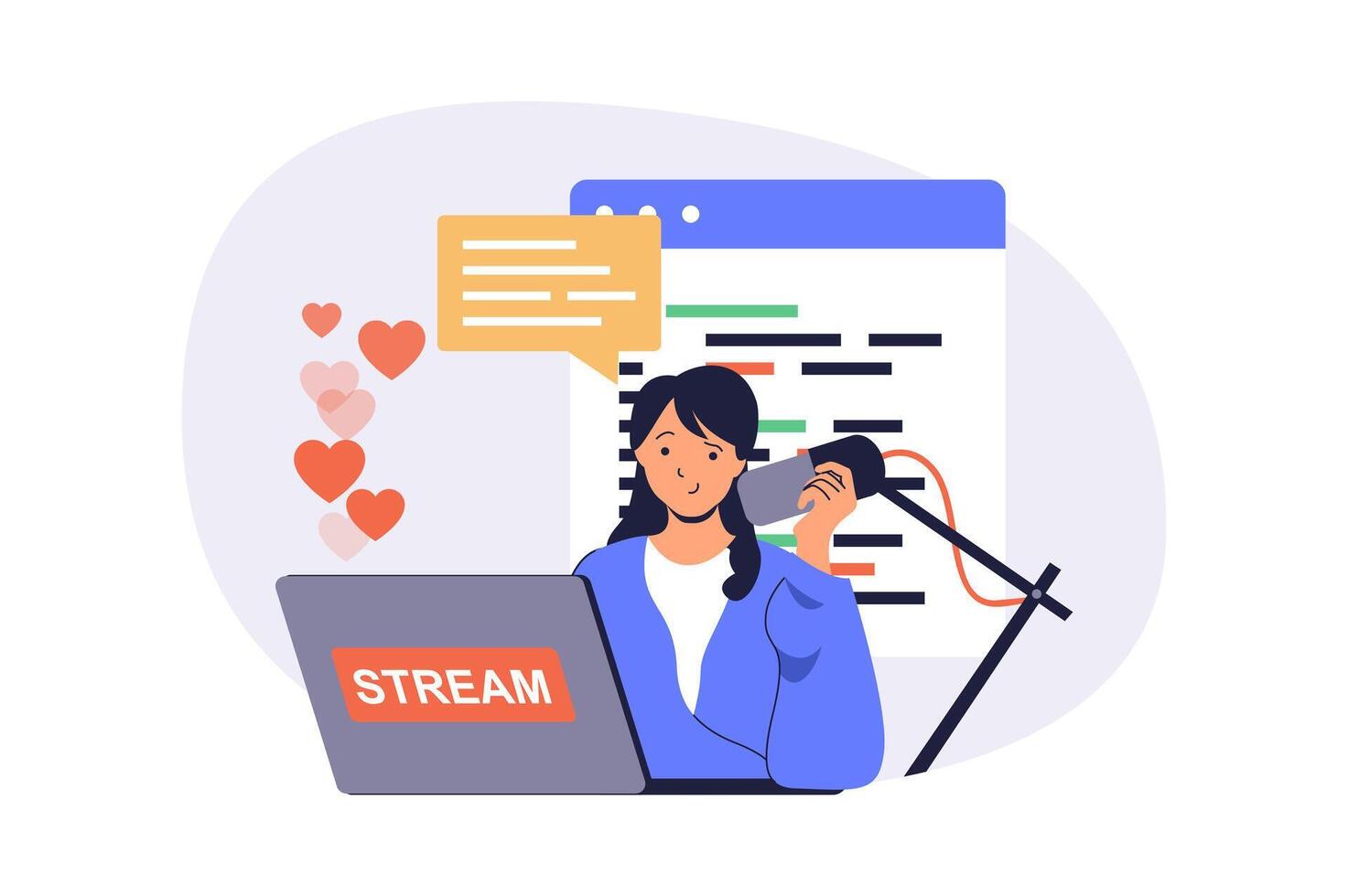 streaming web concept with flat cartoon people for website design. Woman talking to microphone and making live broadcast, creating blog content with news and followers chat. illustration. vector
