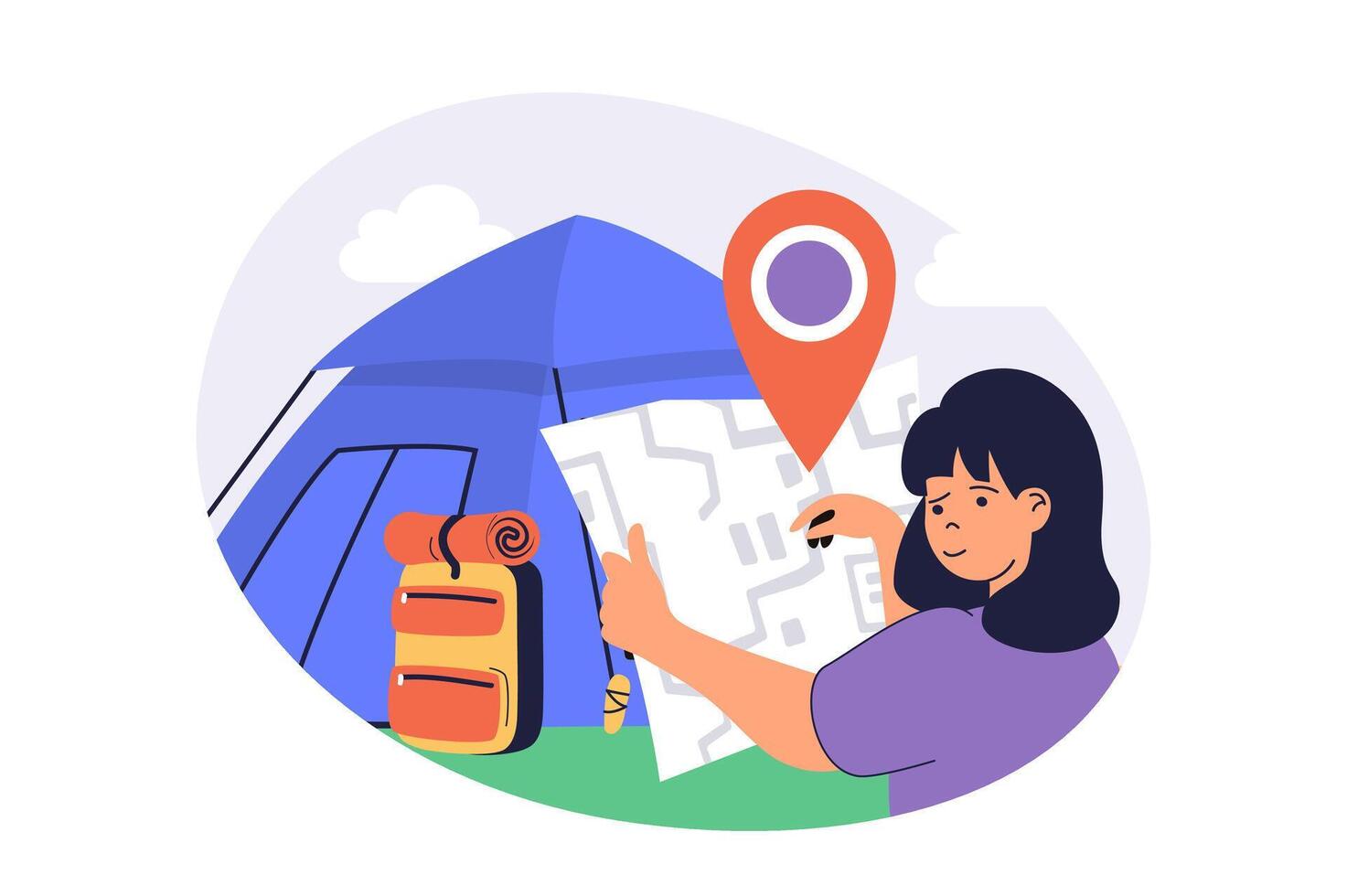 Travel and tourism web concept with flat cartoon people for website design. Woman with backpack hiking and resting in campground in tent, looks at route map, trekking and camping. illustration. vector