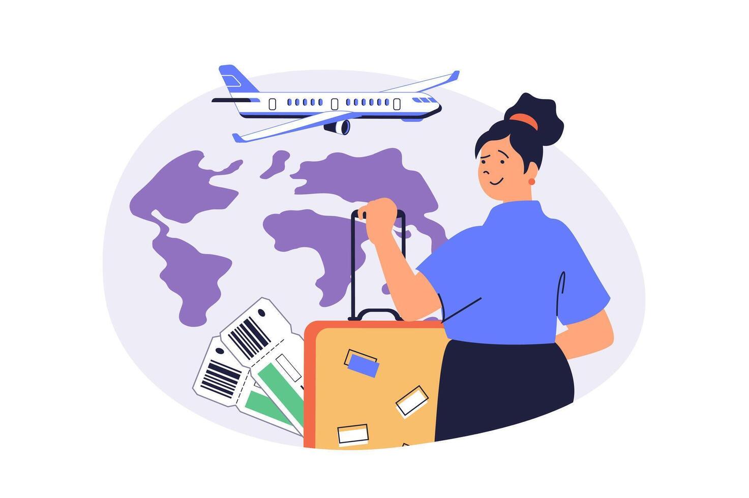 Travel and tourism web concept with flat cartoon people for website design. Woman with luggage booking airline tickets and flying in global trip with visiting new countries. illustration. vector