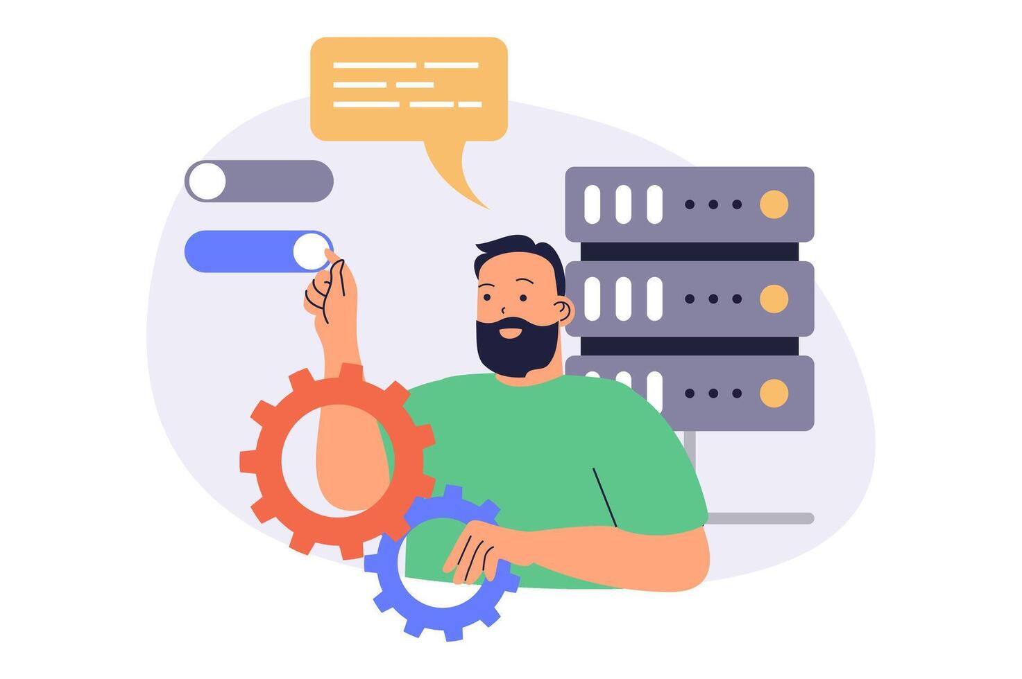System administrator web concept with flat cartoon people for website design. Man monitoring server racks infrastructure, checks problems, doing maintenance and technical repair. illustration. vector