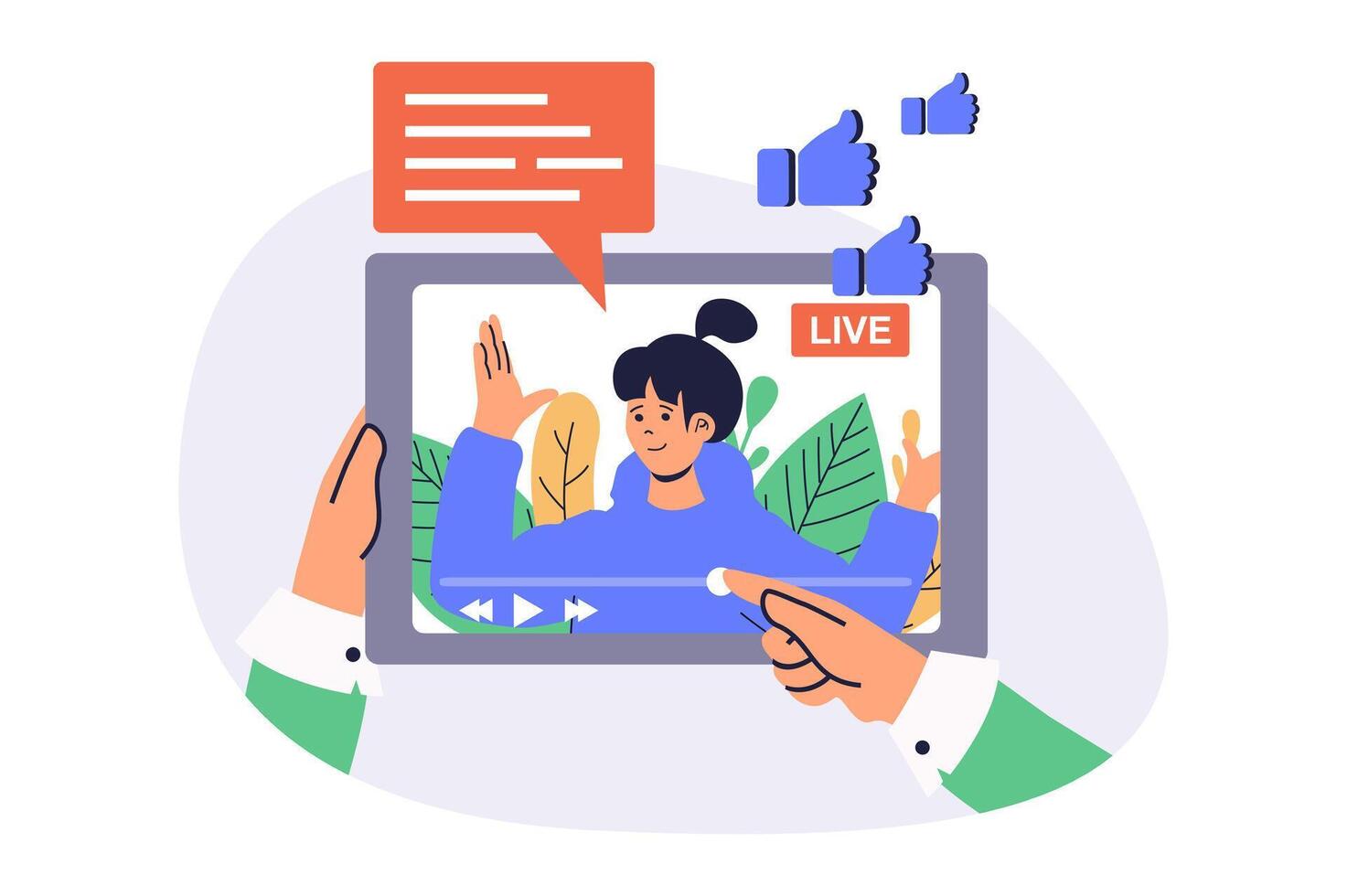 streaming web concept with flat cartoon people for website design. Follower watching favorite streamer live broadcast, hands holding tablet with blogger stream at screen. illustration. vector