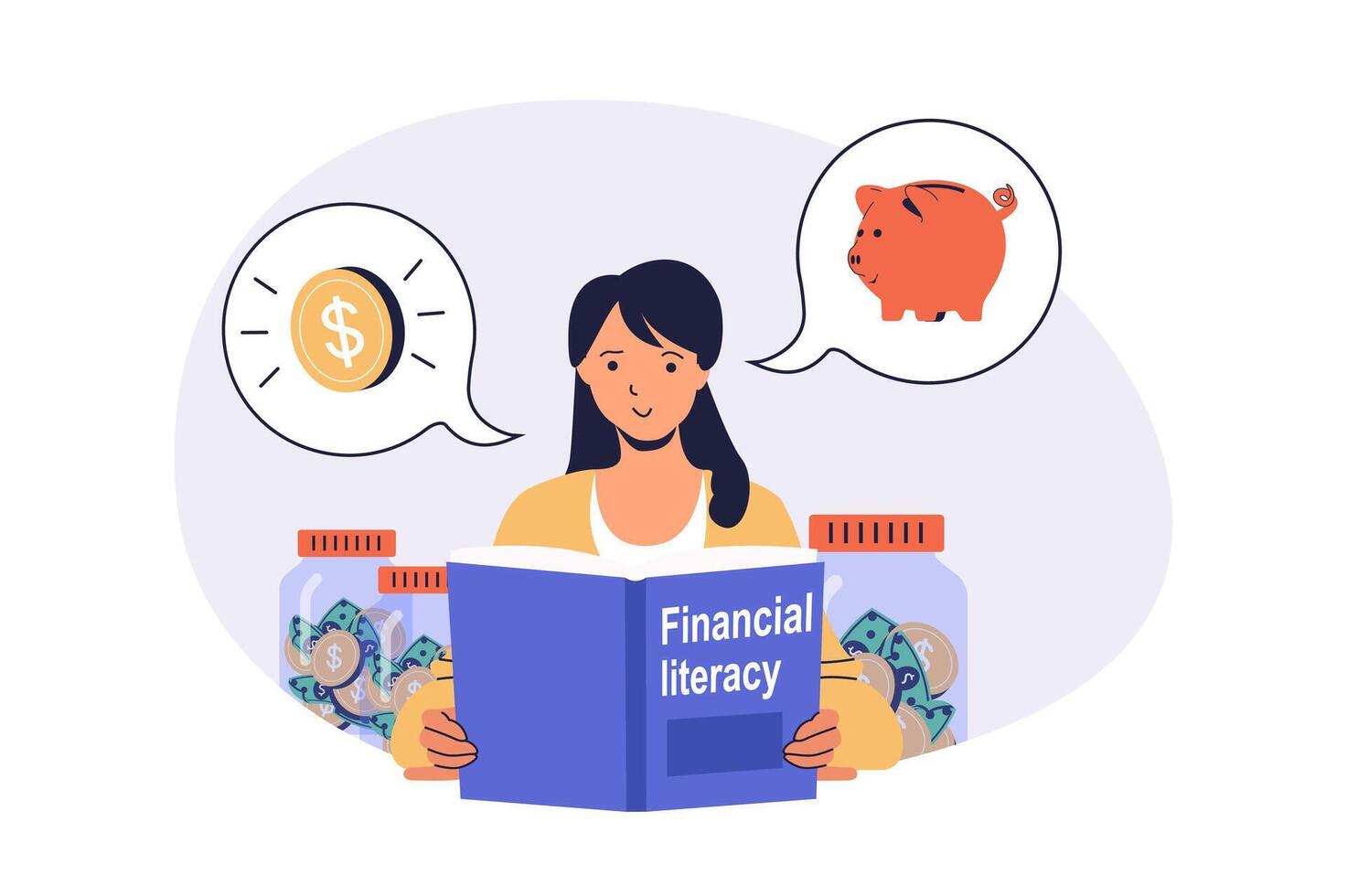Financial literacy web concept with flat cartoon people for website design. vector