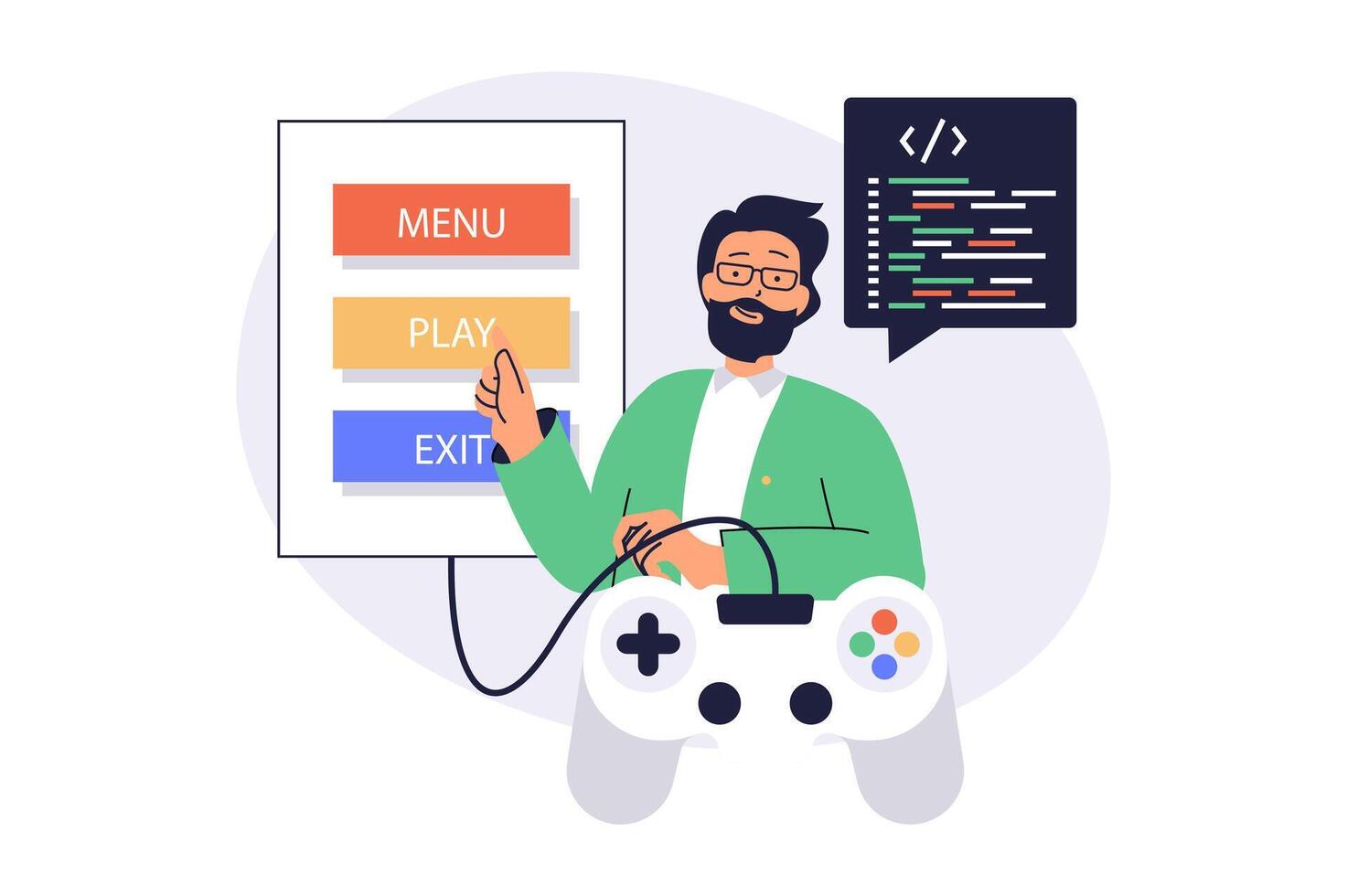 game developer web concept with flat cartoon people for website design. Man programming and coding at game project, creating navigation buttons with menu, play and exit. illustration. vector