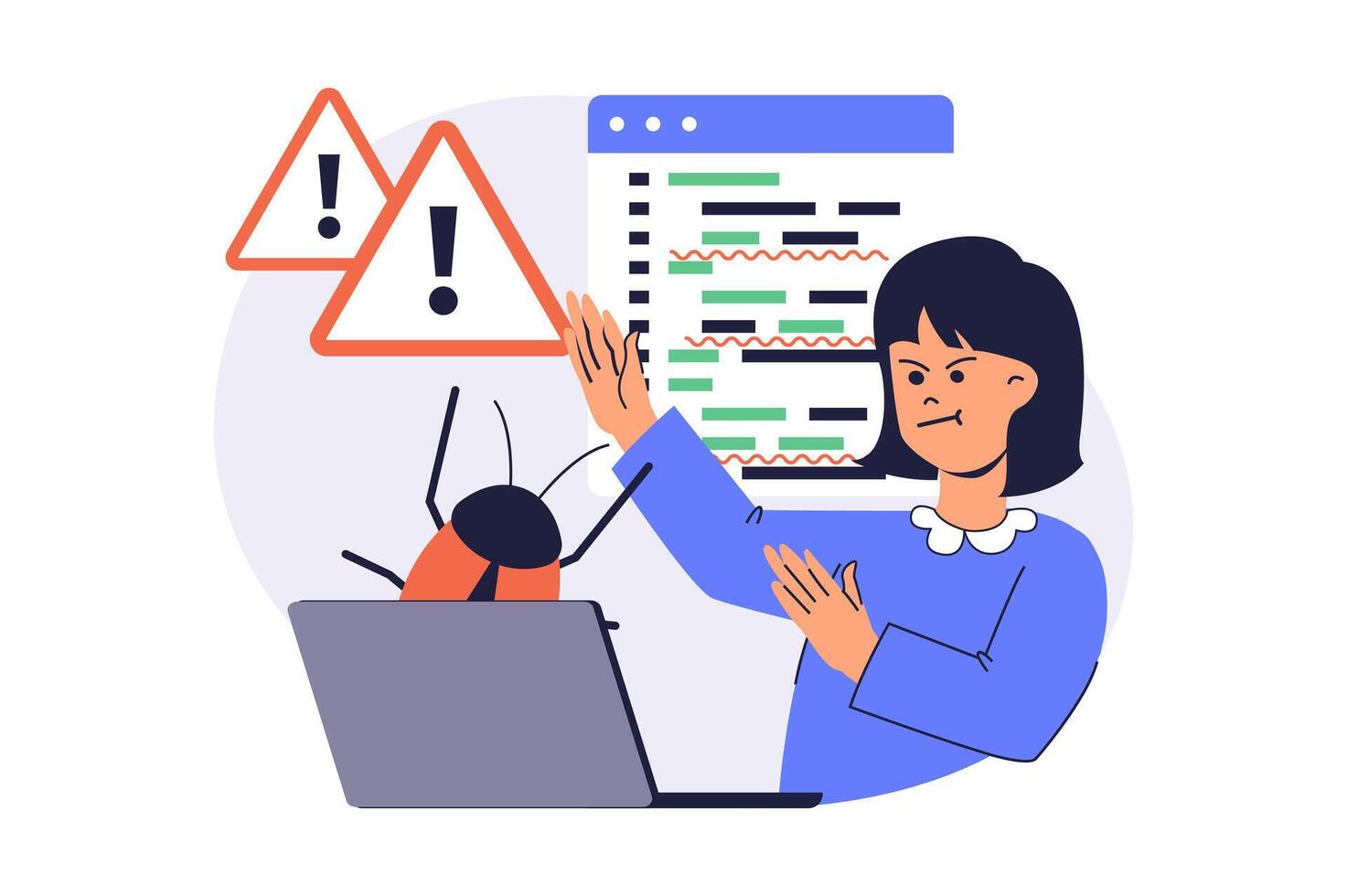 Software testing web concept with flat cartoon people for website design. Woman making analysis and finding errors in program, fighting bugs and debugging code, working at laptop. illustration. vector