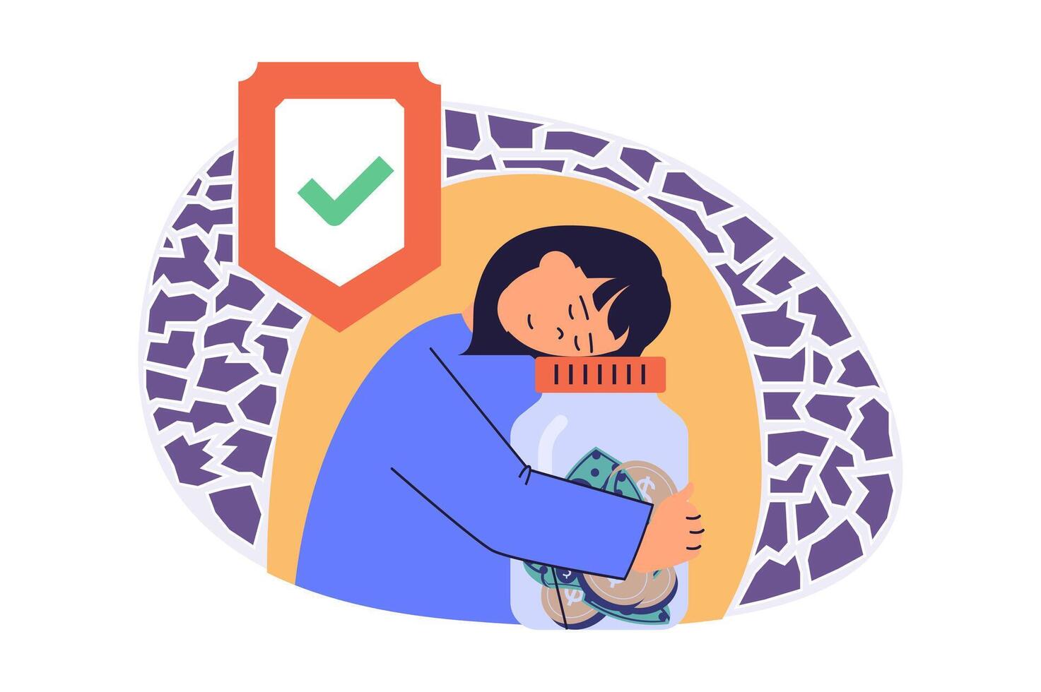 Saving money web concept with flat cartoon people for website design. Woman hugging glass jar where collecting coins with financial strategy, feeling stability and safety shield. illustration. vector