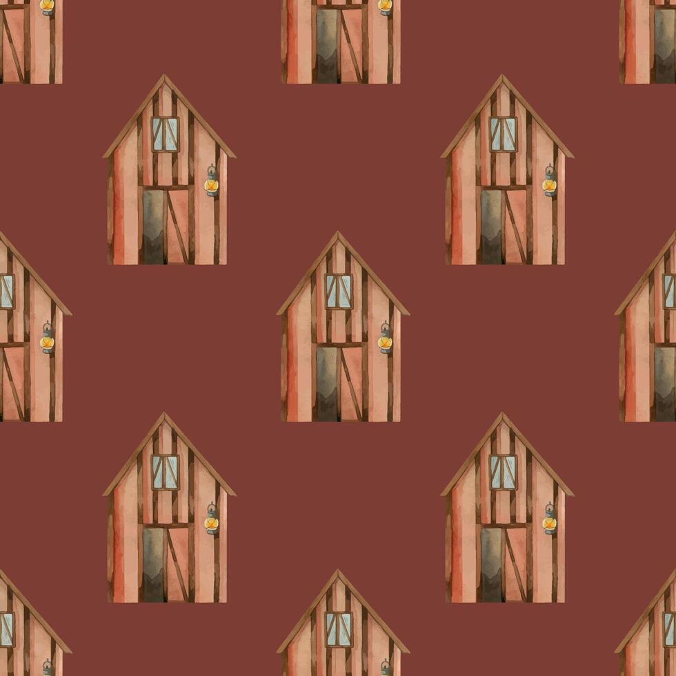 House, farm, barn or shed for storing grain, hay and tools. Seamless watercolor pattern. All objects are hand painted with watercolor. Suitable for wallpaper in a child's room, for textiles, printing vector