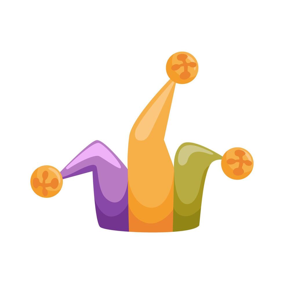 A vibrant illustration of a jesters cap adorned with colorful bells, embodying the festive spirit of Mardi Gras. Perfect for capturing the joyful and playful essence of celebration and revelry. vector