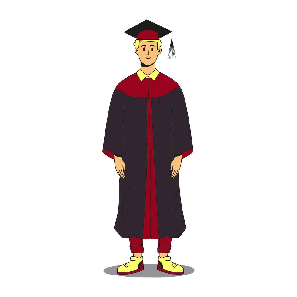 Graduate male blonde student wearing gown and cap standing. Flat modern illustration. Full height character portrait. vector