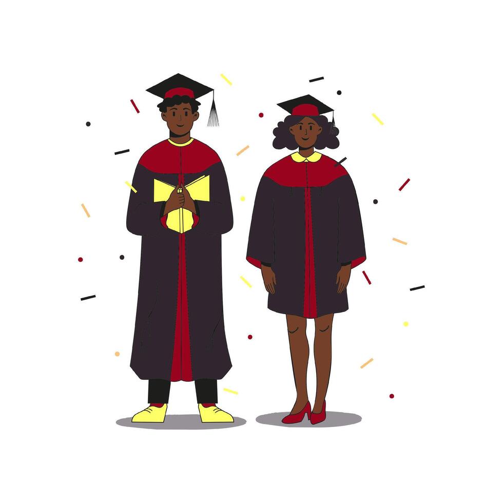 Two black students wearing gown and cap at graduation ceremony standing in on the scene. Confetti flying around. Flat modern illustration. Full height characters. vector