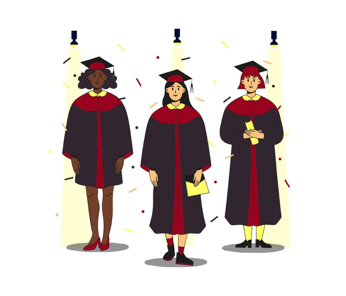 Trio of multiethnic female students wearing gown and cap at graduation ceremony standing in the spotlight on the scene. Confetti flying around. Flat modern illustration. Full height characters. vector