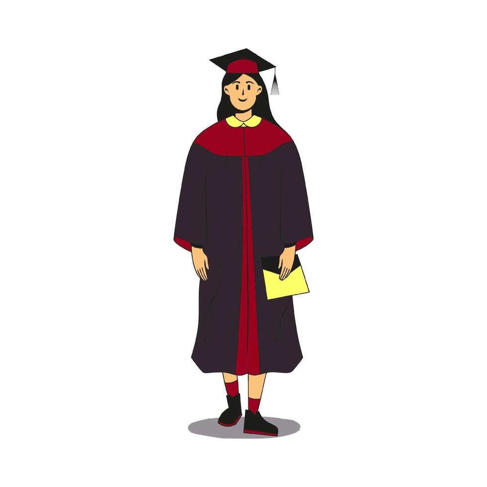 Graduate female student wearing gown and cap holds envelope. Flat modern illustration. Full height character portrait. vector