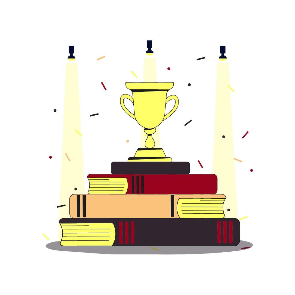 Golden trophy standing on a pile of books in a spotlight on the scene. Confetti flying around. Flat modern illustration. Full height characters. vector