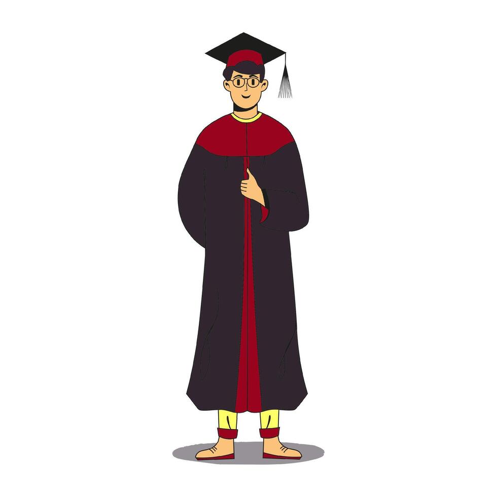 Graduate male student wearing gown and cap showing like. Flat modern illustration. Full height character portrait. vector