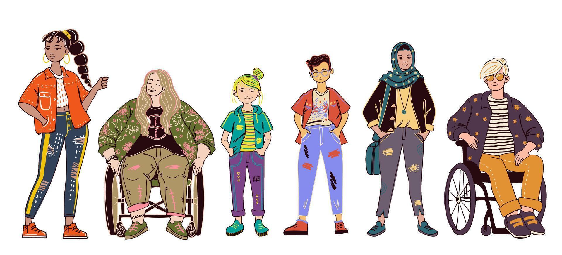 Multiethnic inclusive group of people wearing casual modern outfit. Characters are standing in a row. Street fashion flat illustration isolated on white background. vector