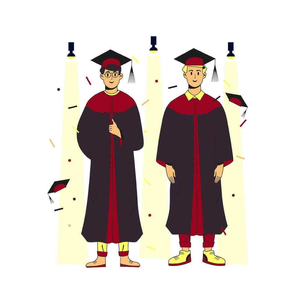 Two male multiracial students wearing gown and cap at graduation ceremony standing in the spotlight on the scene. Throwing caps and confetti around. Flat illustration. Full height characters. vector