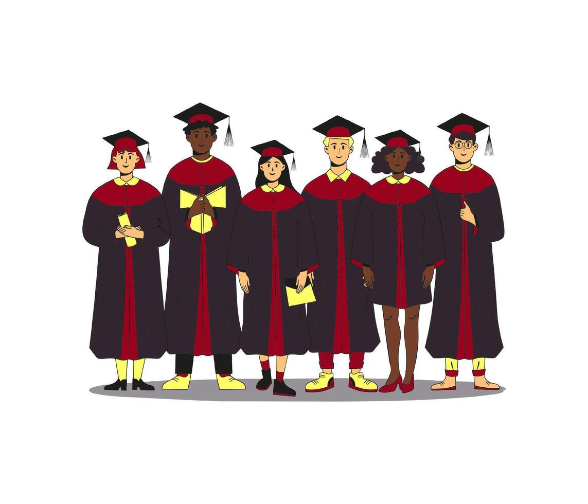 Group of multiethnic students wearing gown and cap at graduation ceremony. Flat modern illustration. Full height characters. vector