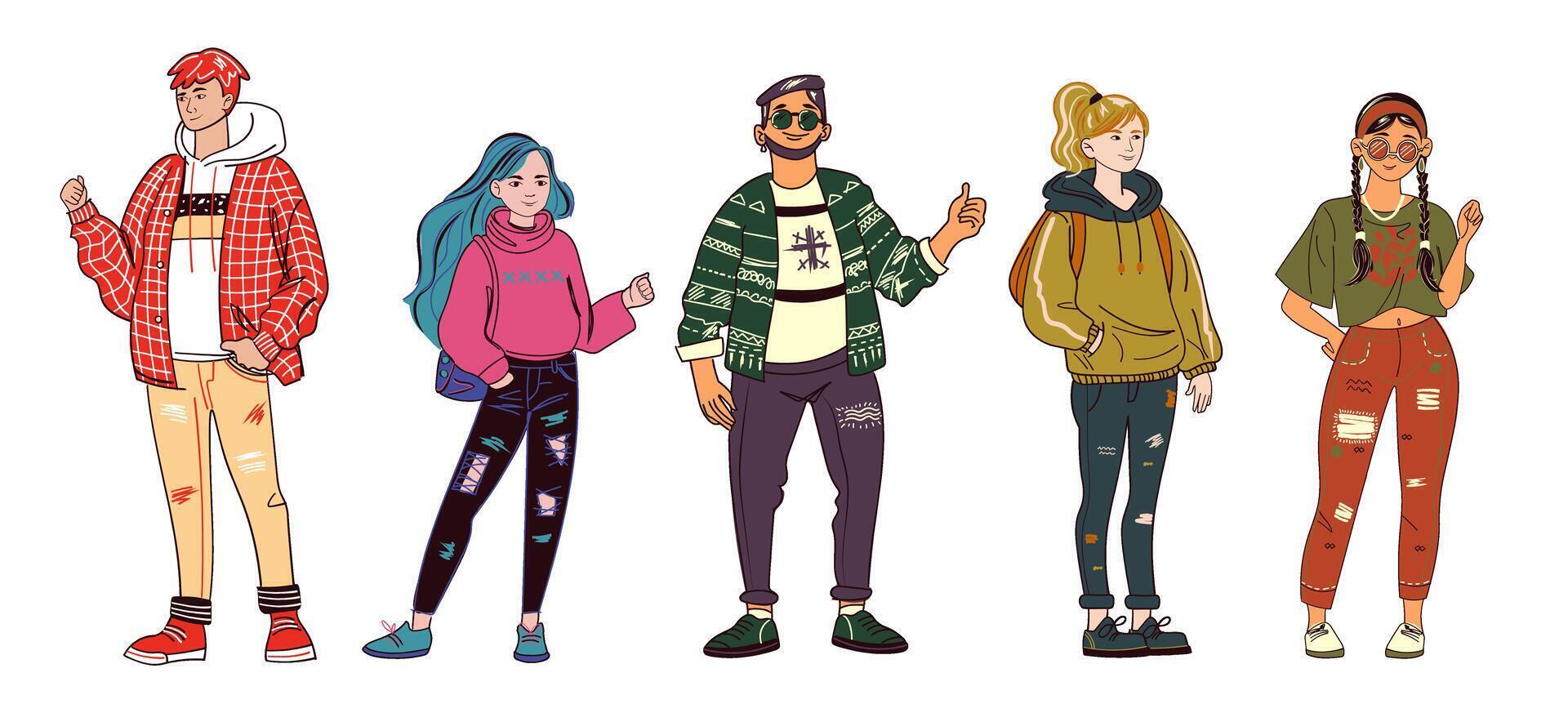 Multiethnic inclusive group of people wearing casual modern outfit. Characters are standing in a row. Street fashion flat illustration isolated on white background. vector