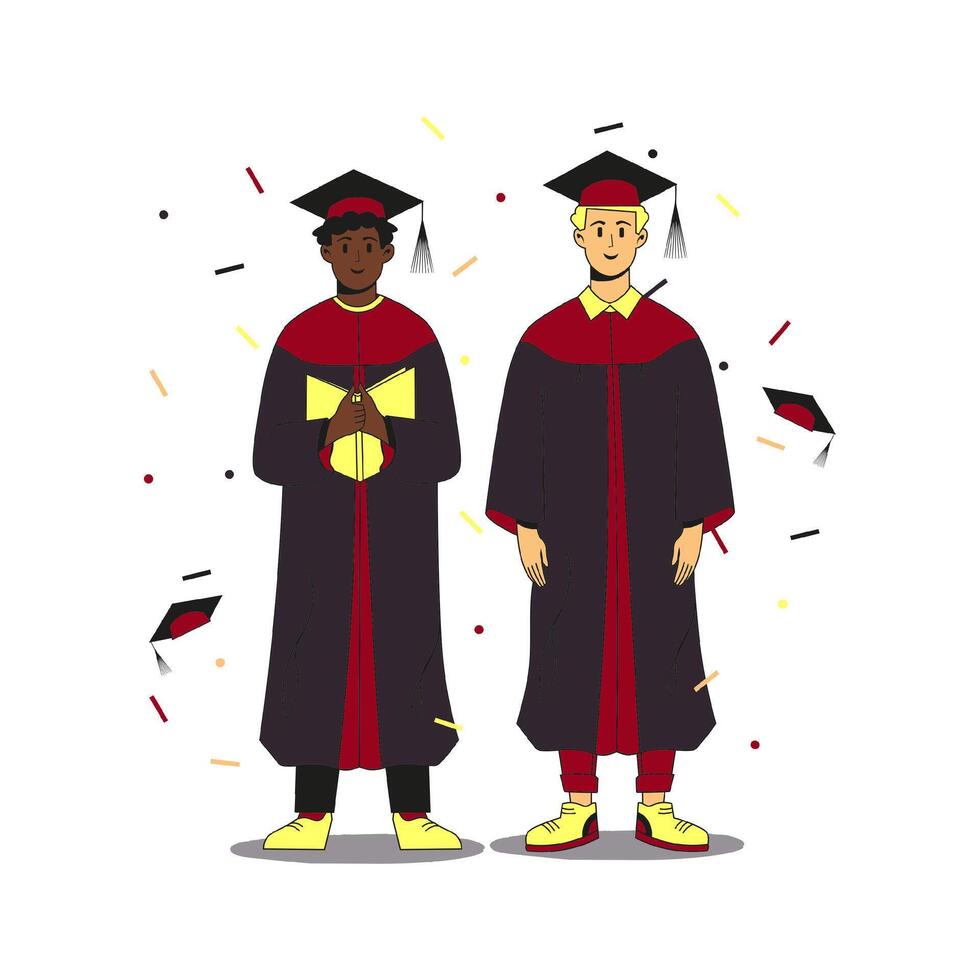 Two multiracial students wearing gown and cap at graduation ceremony standing on the scene. Throwing caps and confetti around. Flat modern illustration. Full height characters. vector