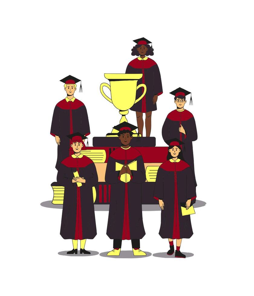 Group of multiethnic students wearing gown and cap at graduation ceremony. Golden goblet on a pile of books and confetti around. Flat modern illustration. Full height characters. vector