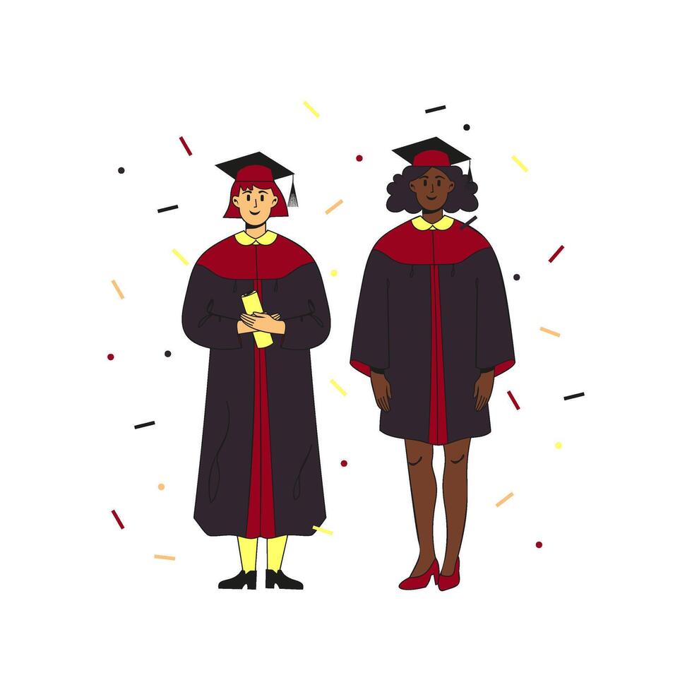 Two multiracial female students wearing gown and cap at graduation ceremony standing in on the scene. Confetti flying around. Flat modern illustration. Full height characters. vector