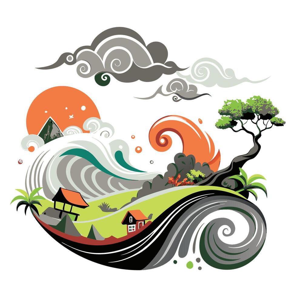 Massive Wave Surge Engulfing Tranquil Countryside with Lush Greenery vector