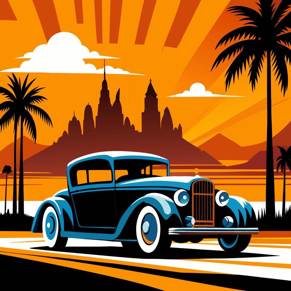 Retro Blue Car Driving Along a Tropical Coastline at Sunset. vector
