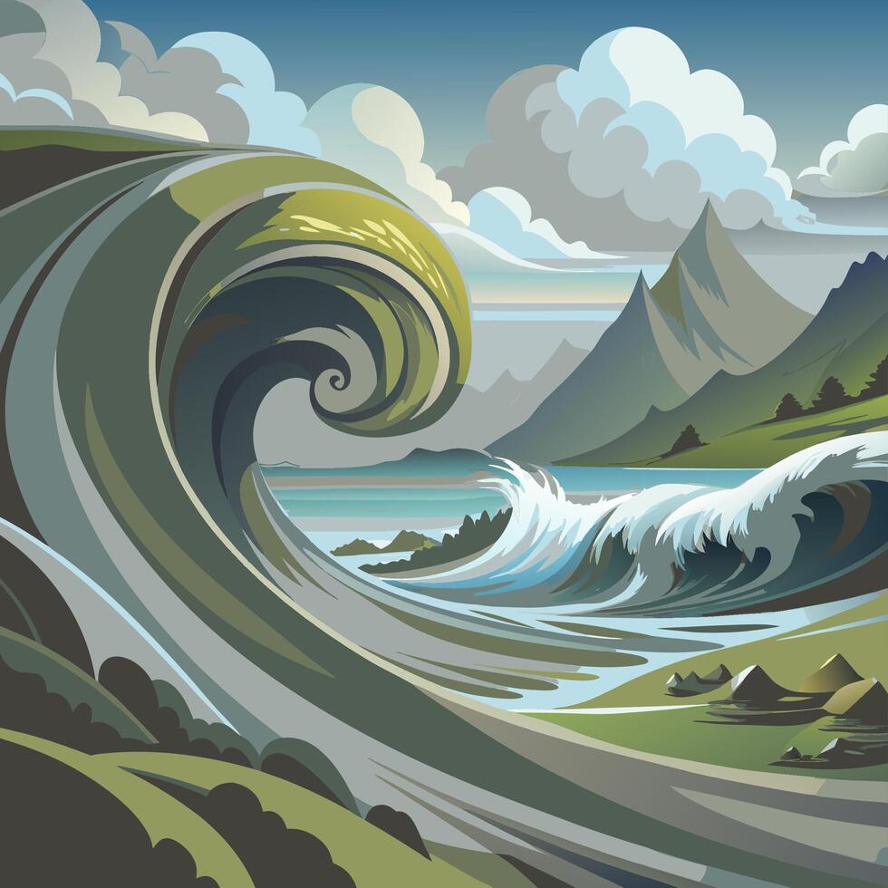 Powerful Sea Wave Rolling Towards the Coast with Scenic Mountain View vector