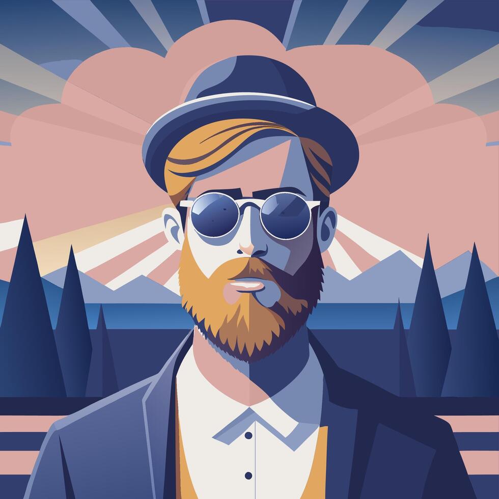 Stylish Bearded Man in Hat and Sunglasses with Mountain Background vector
