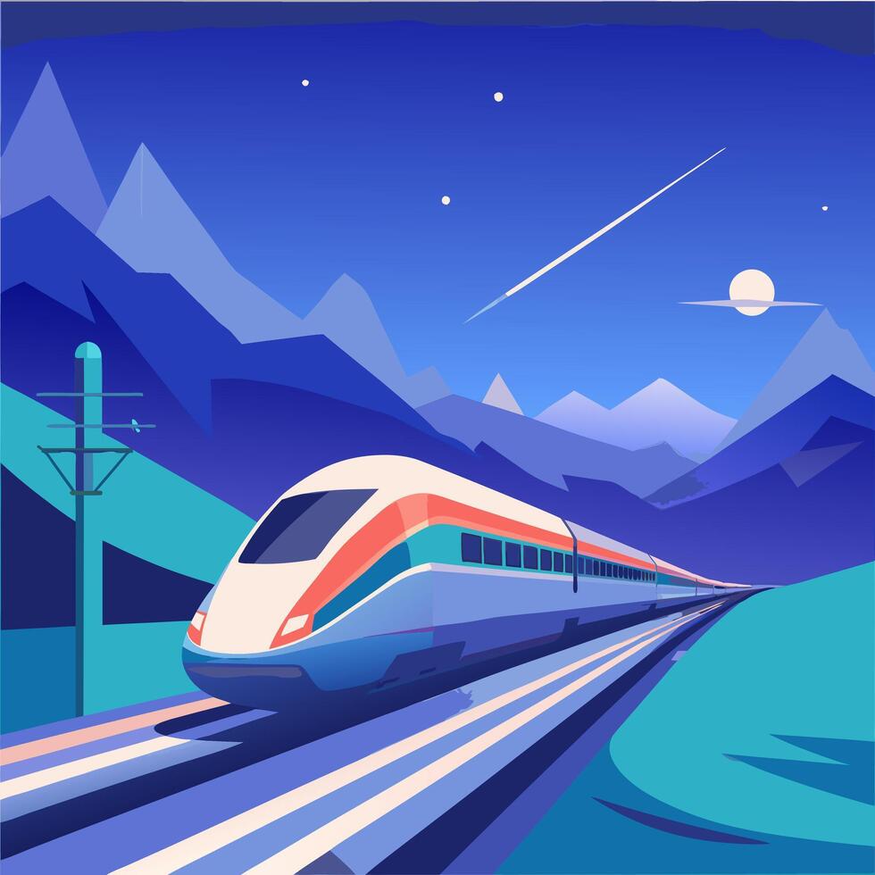 High-Speed Train Journey Through Majestic Mountains Under the Moonlit Sky. vector