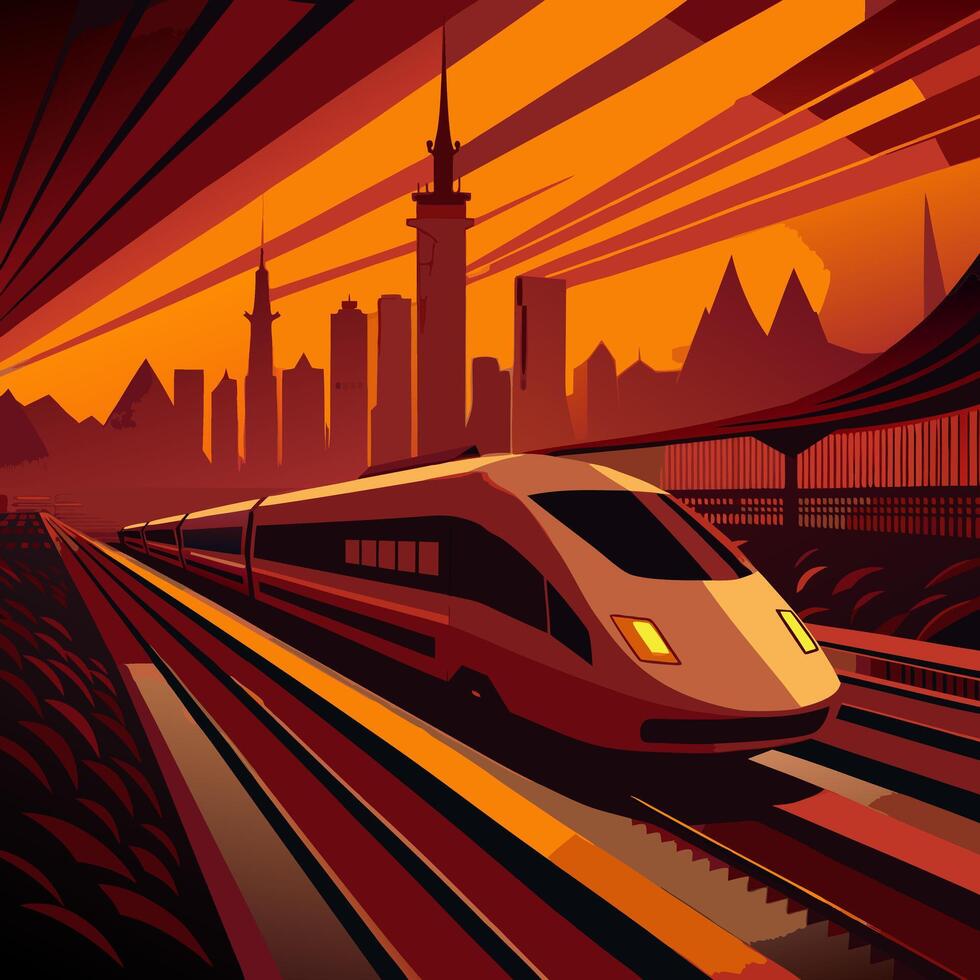 High-Speed Train Racing Through Modern City at Sunset. vector
