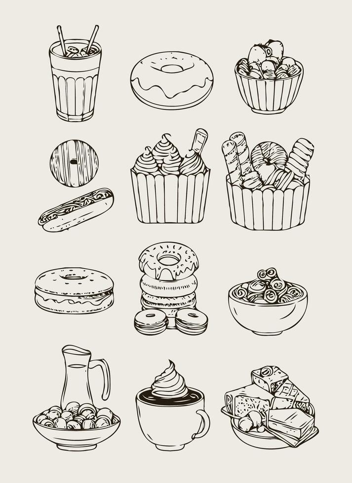 A set of hand drawn food items on a white background, line art fast food icons. vector