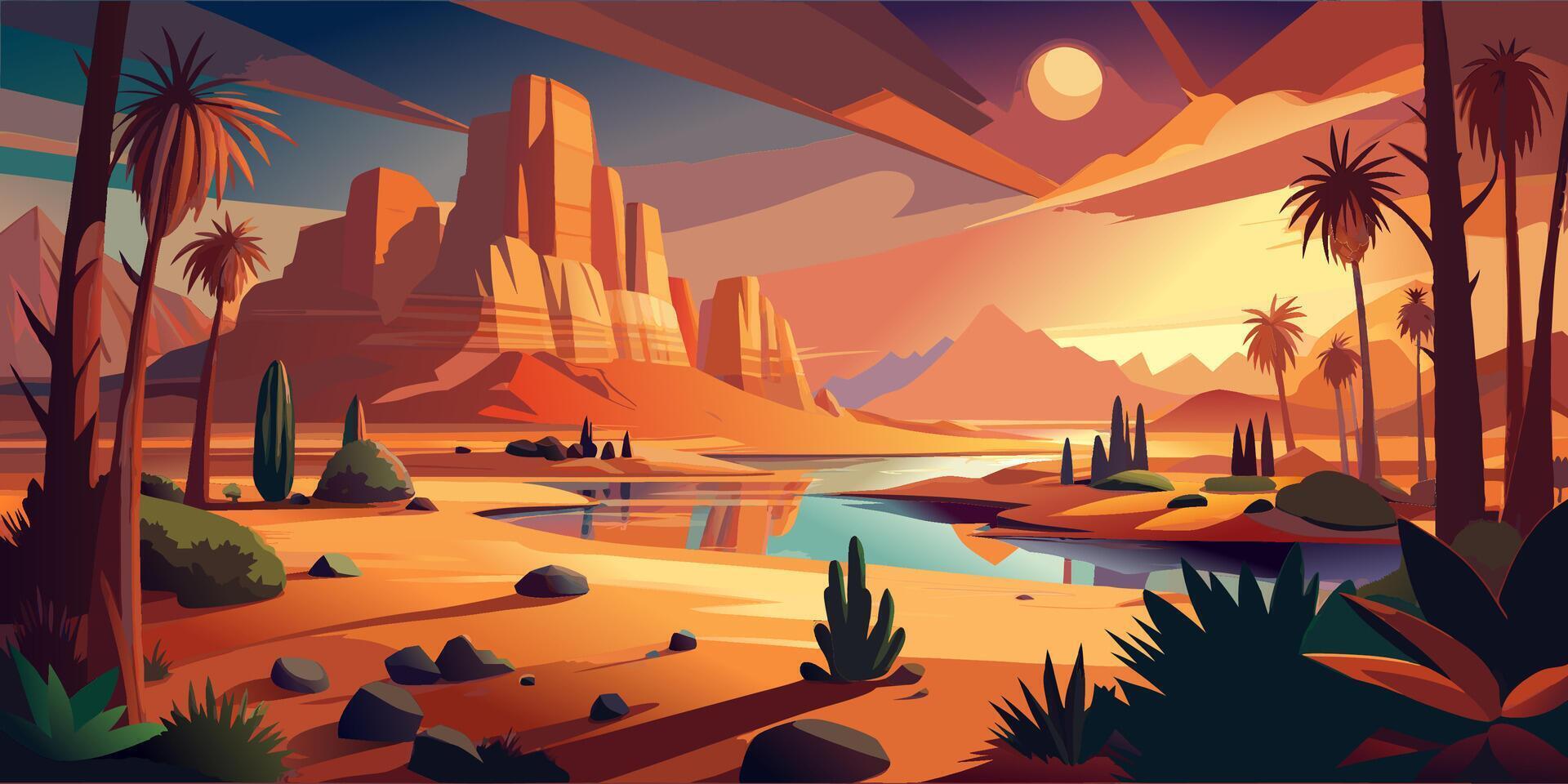 Vibrant Desert Landscape with River and Palm Trees at Sunset vector