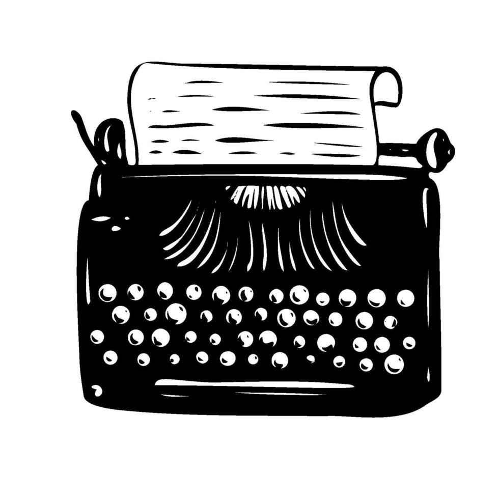 Typewriter illustration. Linear drawing in outline style. Engraved retro machine with keys for nostalgic design in office style. Perfect for greeting cards or literary-themed invitations. vector