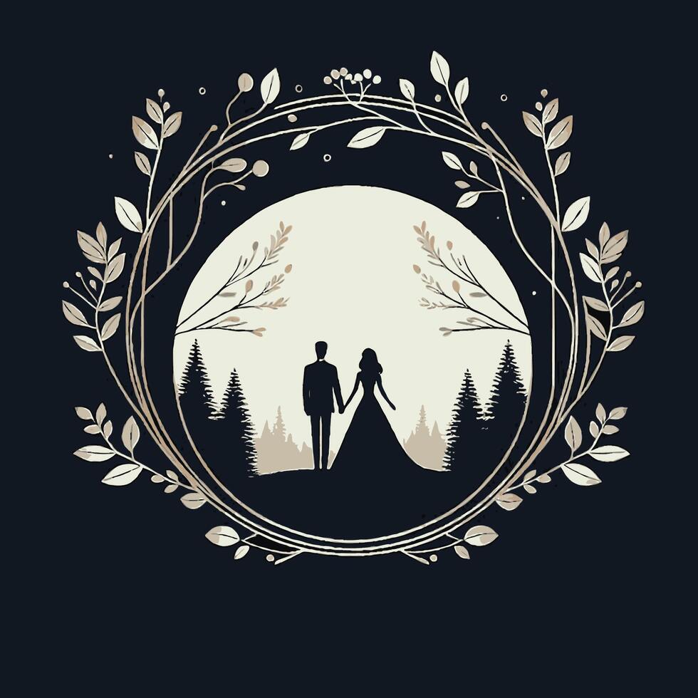 A couple in a wreath of trees and leaves vector