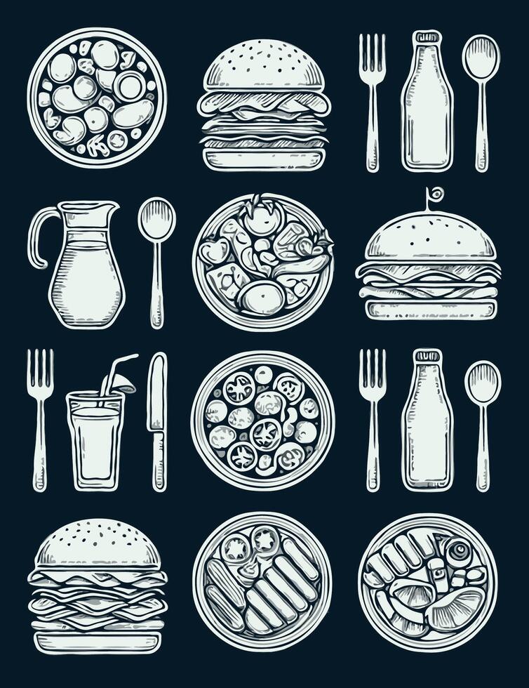 Set of food icons, including hamburger, fries, milk, and more, line art fast food icons. vector