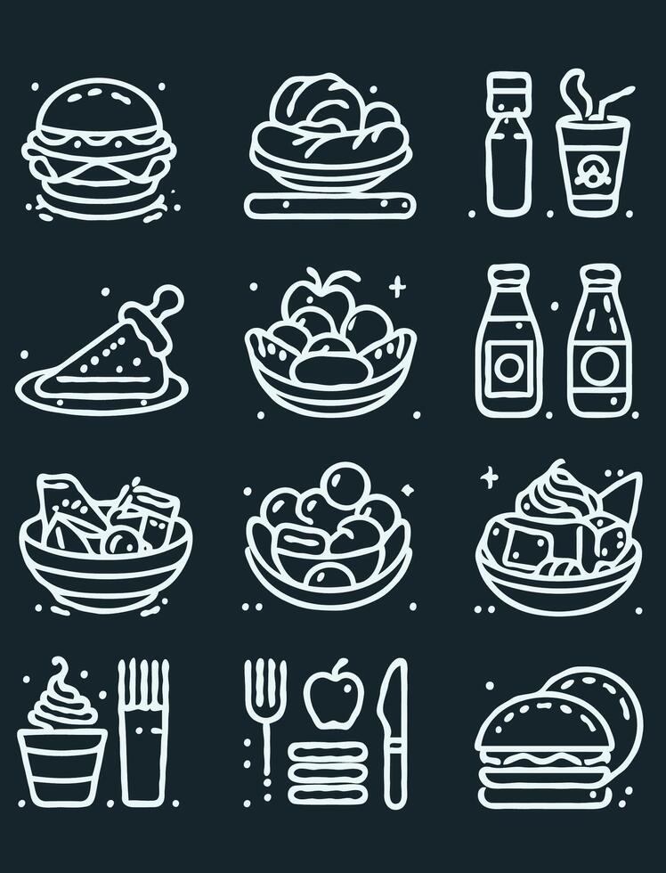 A set of food icons on a black background, line art fast food icons. vector