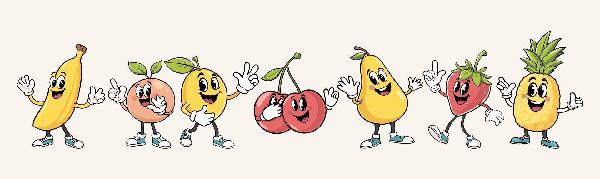 collection of fruits. Groovy retro cartoon style. Banana, peach, lemon, cherries, pear, strawberry and pineapple vector
