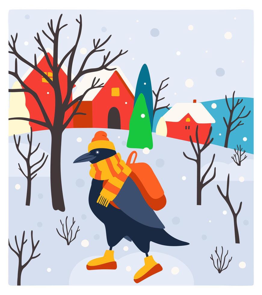 Winter cute rural landscape with raven in warm outfit in front. illustration vector