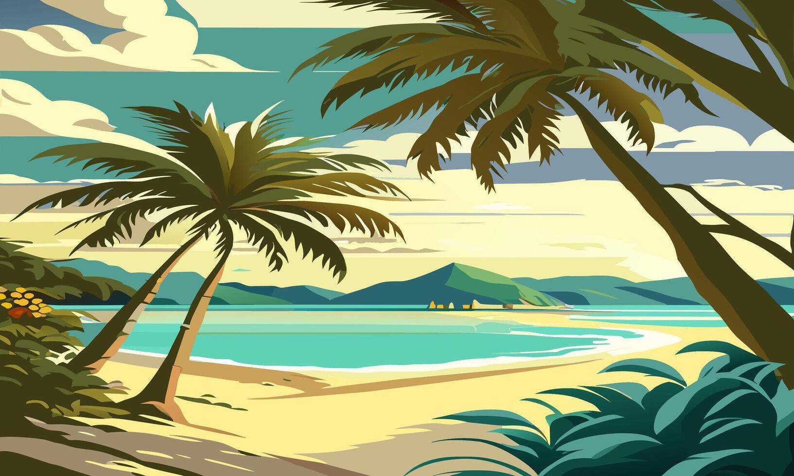 Sandy beach with palm trees, illustration. vector