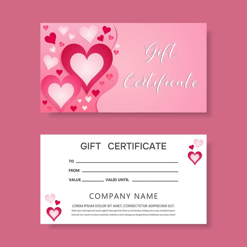 Gift certificate template with red and pink hearts in abstract style. vector