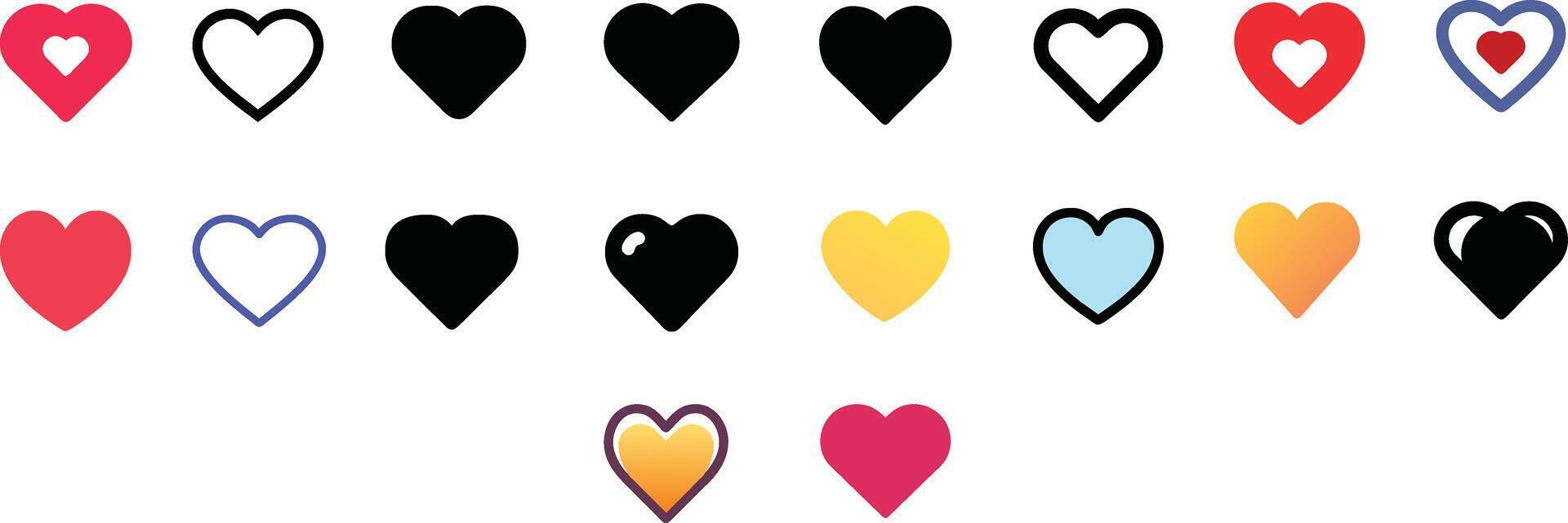 Diverse and Colorful Heart Illustrations Featuring Various Designs for Love, Friendship, and Romantic Expressions in Art Projects vector