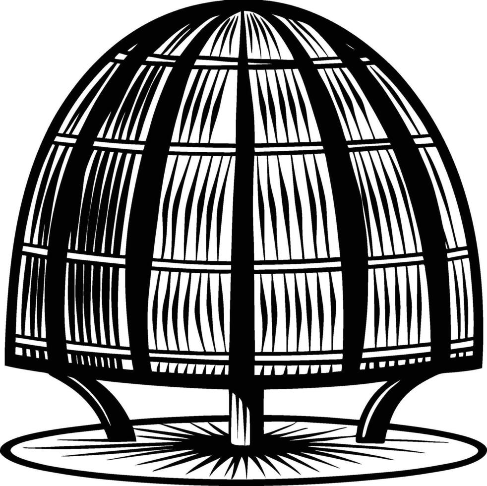 A black and white illustration of a bird cage vector