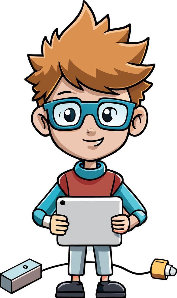 A cartoon boy holding a tablet computer vector