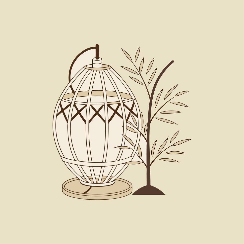 A bird cage with a bamboo plant in the background vector
