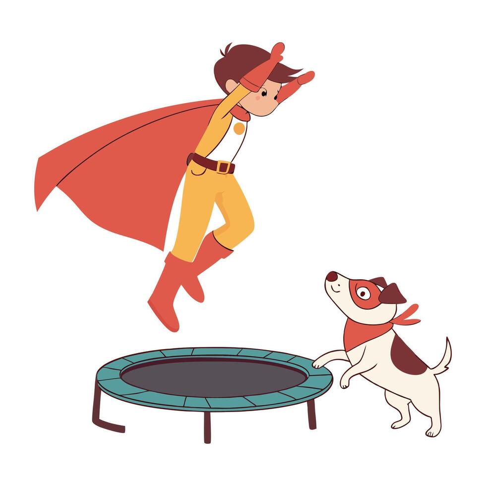 A boy in a superhero costume jumping on a trampoline with a dog vector