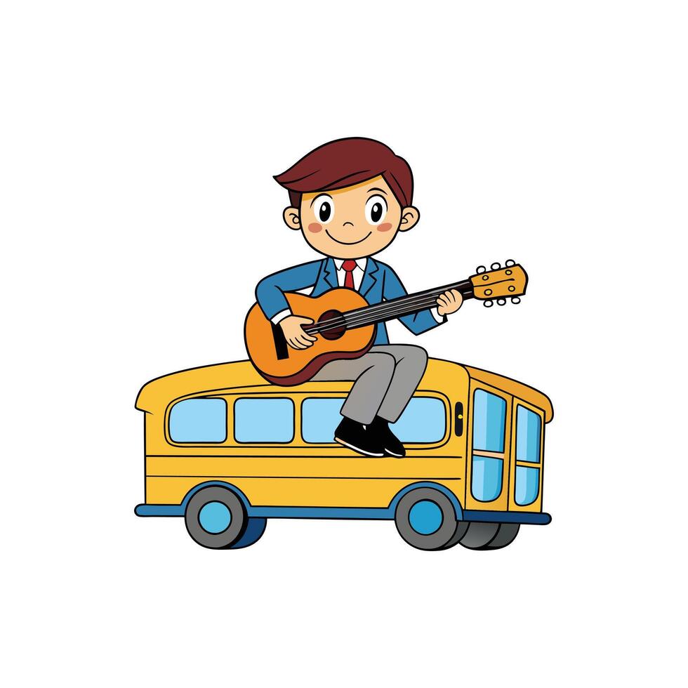A boy is playing guitar on a school bus vector