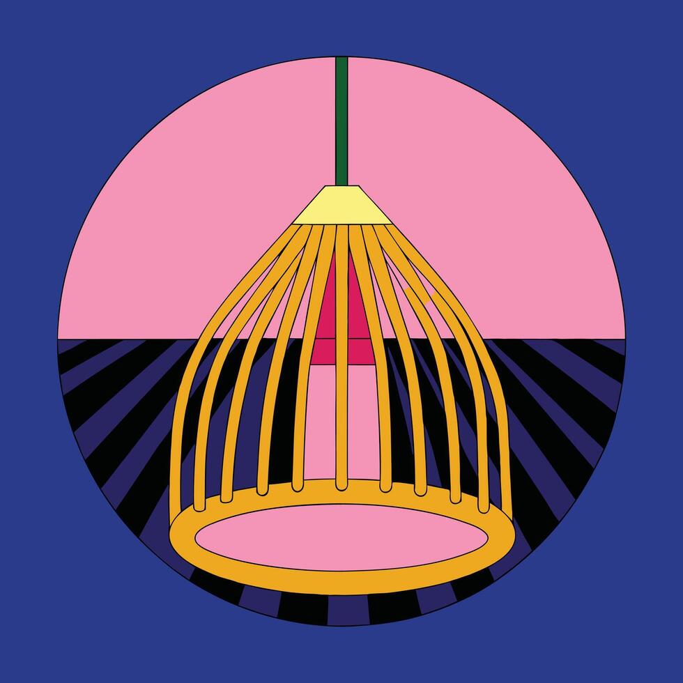 A bird cage hanging from a light in a blue and pink circle vector