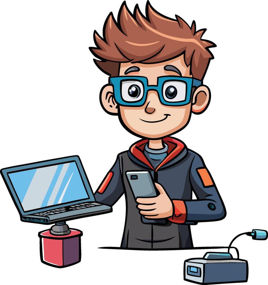 A cartoon boy holding a laptop and a phone vector