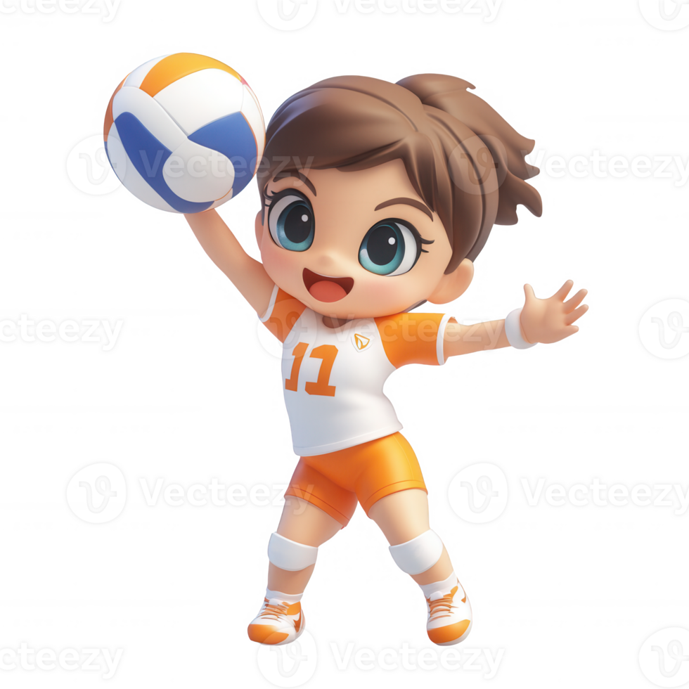 A cheerful cartoon girl joyfully playing volleyball in colorful sportswear. png